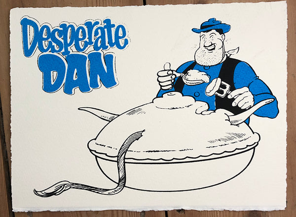 Desperate Dan eats enormous pie, in blue