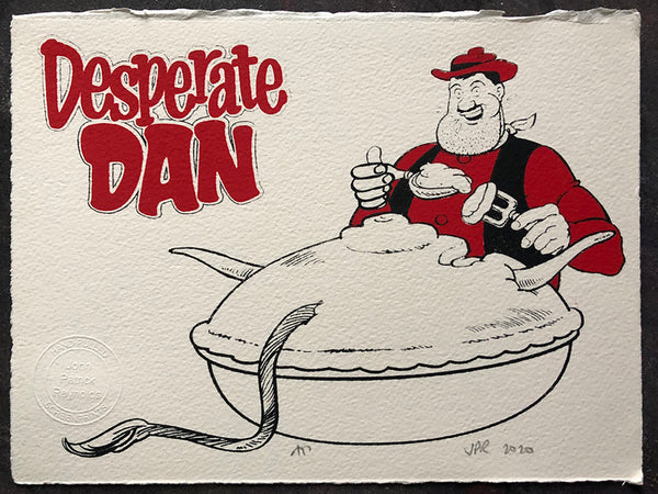 Desperate Dan eats his pie (in red)