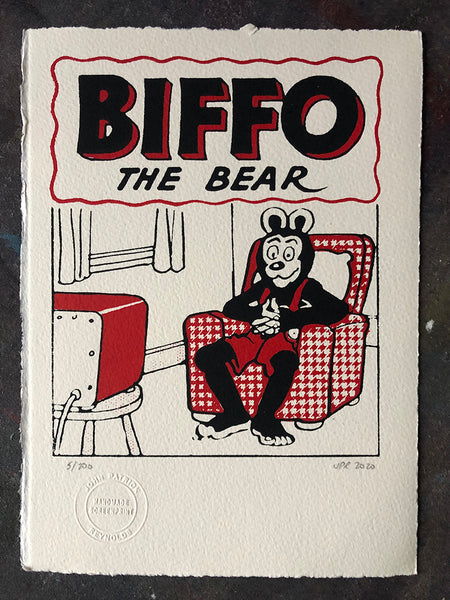 Biffo the  Bear watches Telly - love the 1950s furnishings