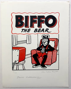 Artist signs Biffo the Bear screenprints