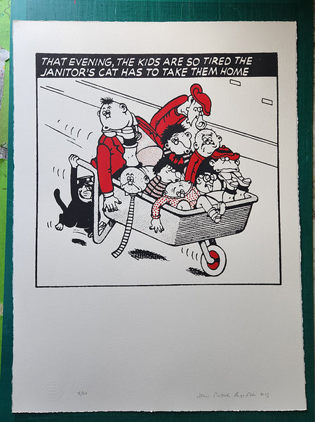 HUGE! The Bash Street Kids go home in a wheelbarrow, courtesy of the Janitor's grinning cat. A mastepiece of surreal invention