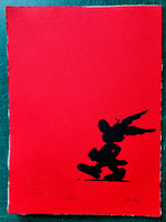 Asterix has an insoucient stroll. Black on red. It just pops