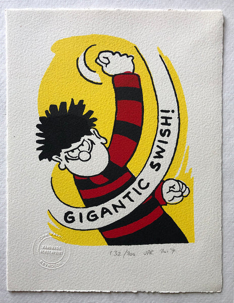 Dennis Takes A Swing - an energetic, vibrant, three-colour print
