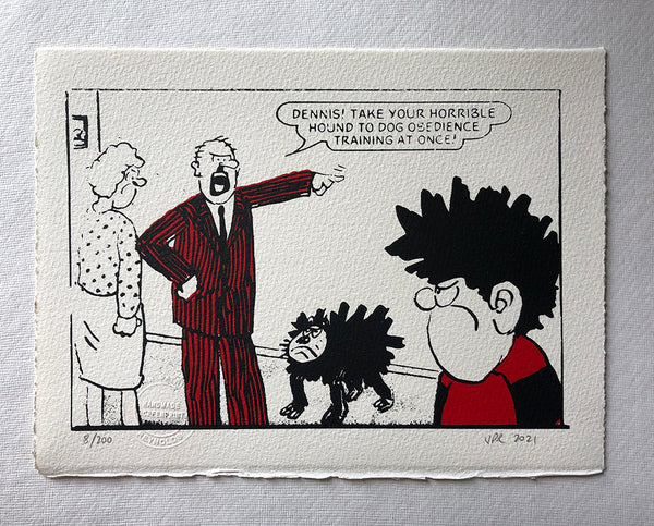 Dennis Told To Train Gnasher - and his father calls his canine companion a 'horrible hound'. Gnasher looks unimpressed.