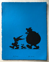 Asterix, Obelix and Dogmatix in silhouette (on light blue)