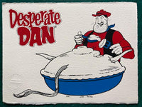 Desperate Dan somehow eats a pie that's bigger than himself