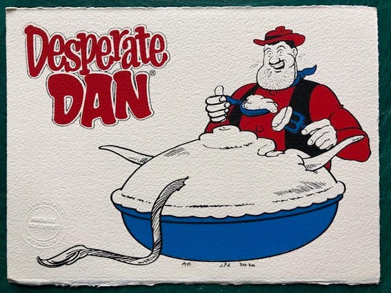 Desperate Dan somehow eats a pie that's bigger than himself