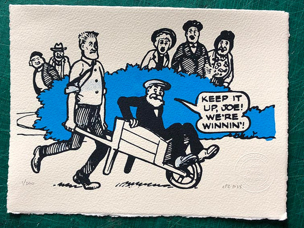 Grandpa Broon gives his grandson a hard time in the (literal) wheelbarrow race