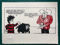 Dennis sells Gnasher to a flashily dressed but gullible American. The dog is unimpressed