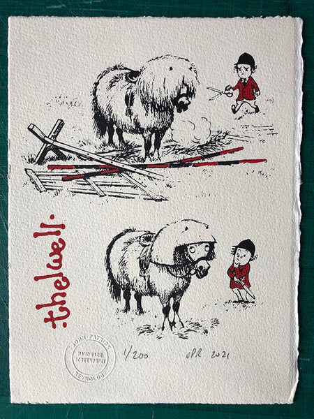 A Thelwell pony gets a haircut. Nobody's happy about it