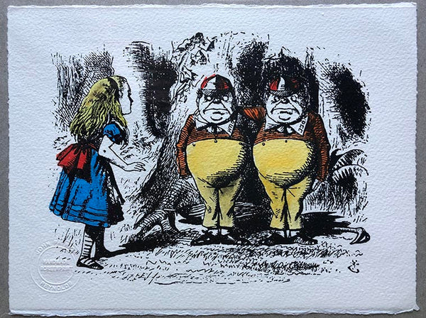 Watercoloured screenprint of Tweedle Dum and Tweedle Dee - one only. (Handpainted by Paul Orchard)