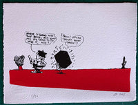 Ignatz the Mouse lies to Officer Pub about the brick he's about to throw at Krazy Kat - Cats show at Comic Art Museum still on https://www.cartoonmuseum.org/whats-on-exhibitions
