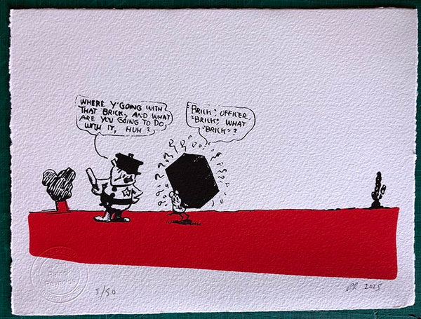 Ignatz the Mouse lies to Officer Pub about the brick he's about to throw at Krazy Kat - Cats show at Comic Art Museum still on https://www.cartoonmuseum.org/whats-on-exhibitions