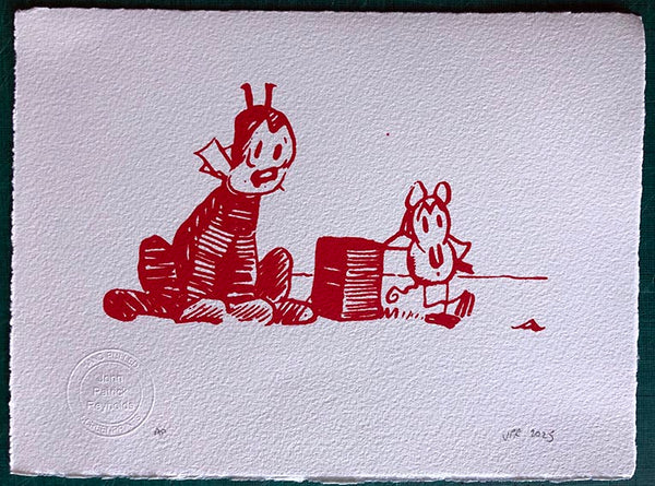 Krazy Kat and Ignatz the Mouse pose with a brick. Cats show at Comic Art Museum still on https://www.cartoonmuseum.org/whats-on-exhibitions (Copy)