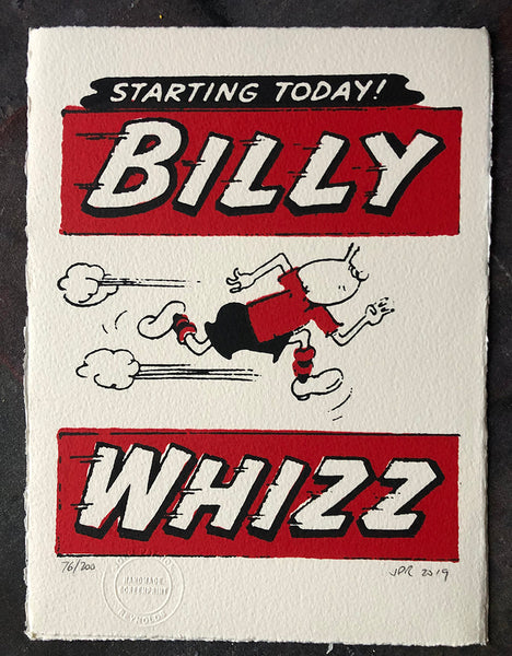 Billy Whizz bursts into The Beano (title piece from first strip)