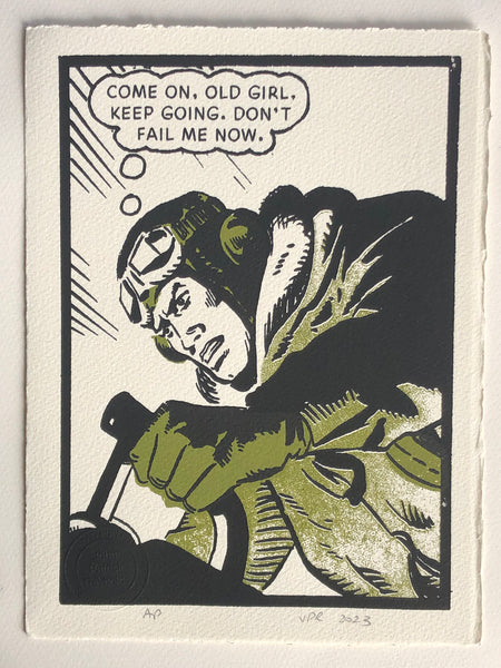 Wartime pilot wills his aircraft to keep flying (from The Victor comic)