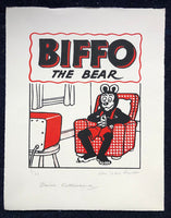 Biffo the Bear watches telly from his armchair – signed by the late, great David Sutherland. One available