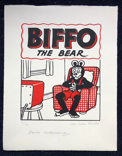 Biffo the Bear watches telly from his armchair – signed by the late, great David Sutherland. One available