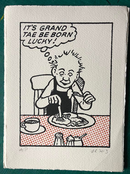 Oor Wullie knows how lucky he is, as he tucks into bacon and eggs