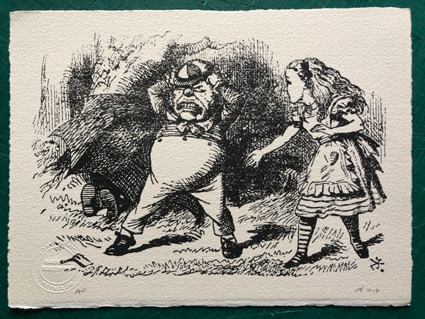 Alice soothes Tweedle Dum as he throws a tantrum