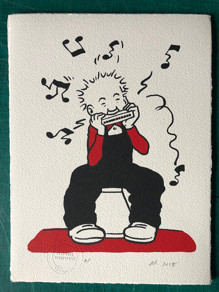 Oor Wullie practices his harmonica - hard to say if he's any good