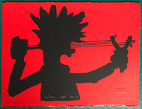 Dennis the Menace fires his favourite weapon, the catapult. In silhouette