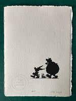 Asterix, Obelix and Dogmatix silhouetted on a stroll (in black)