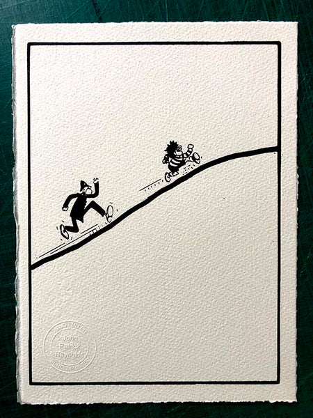 Dennis the Menace chased up a hill by authority figure in a helmet (monochrome) One available.