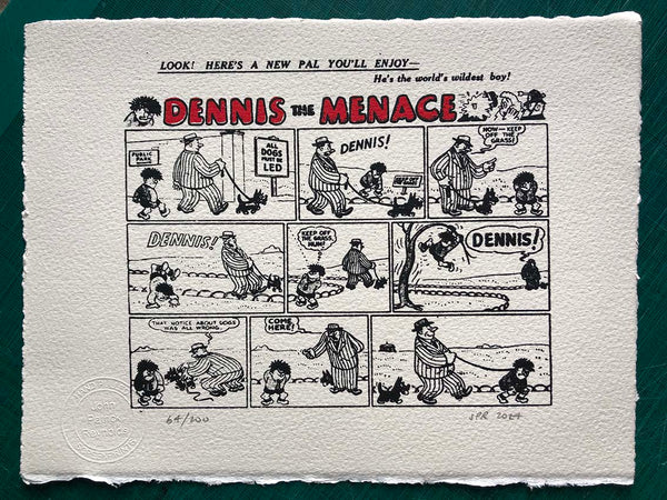 Dennis the Menace's very first strip - in 1951. He's not yet wearing his iconic striped football jersey - he's in his school uniform