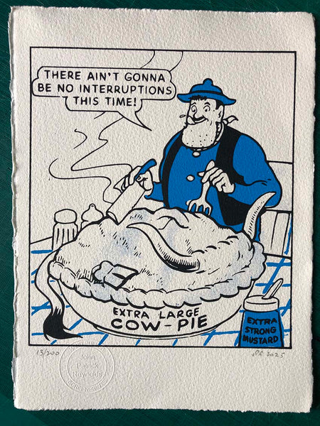 Desperate Dan sits down to his cow pie, complete with horns