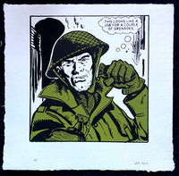 "This is a job for a couple of grenades". The deathless sentiment from The Victor annual, 1968. On textured handmade paper. 40cms x 40cms