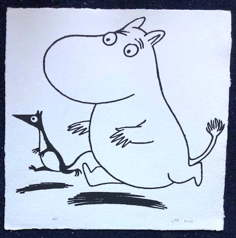 The Moomins on the run (on lovely square, handmade paper) 40cms x 40cms. One-off.