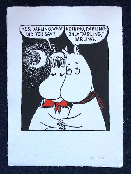 The Moomins in a classic lovers' exchange (42cms x 30cms). An artist's proof on handmade paper