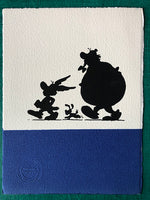 Asterix, Obelix and Dogmatix on a stroll, on blue bar. On offer. One available