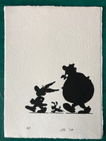 Asterix, Obelix and Dogmatix on a stroll, monochrome. One available. On offer