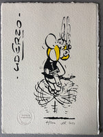 Asterix dances for joy, with Uderzo's signature. One only