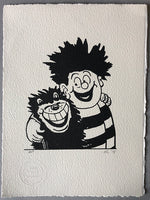 Dennis and Gnasher hug happily. B/W. One only