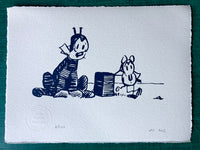 NEW! Krazy Kat and Ignatz the mouse in the desert. Blue/black ink. A really lovely print. £33 introductory price