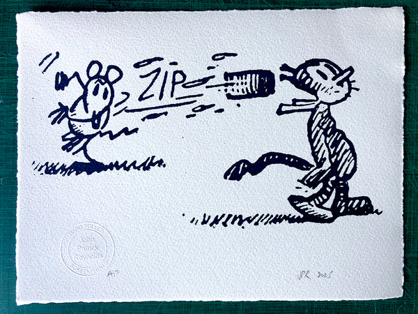 NEW! Ignatz the mouse expresses his love for Krazy Kat by throwing a brick at his head. Blue/black ink. £33 introductory price
