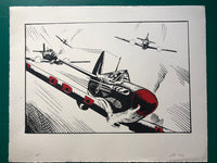 Spitfire pursued by swarm of Me109s. Lightly inked. Medium size. One available. £75