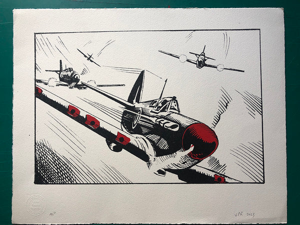 Spitfire pursued by swarm of Me109s. Lightly inked. Medium size. One available. £75