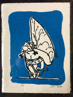 Obelix and his menhir, on faded light blue background