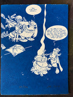Obelix wants magic potion, on mottled blue background