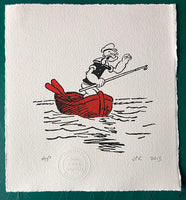 Popeye flounders in a dinghy