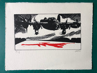 A Lancaster bomber takes off in the moonlight