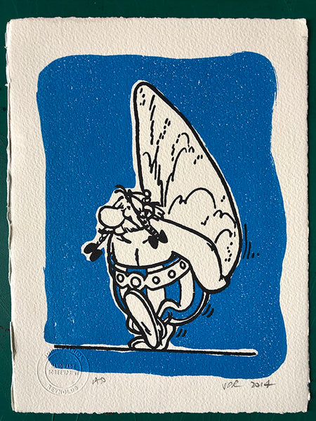 Obelix and his favourite burden (blue background lightly inked)