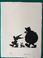 Asterix, Obelix and Dogmatix silhouetted