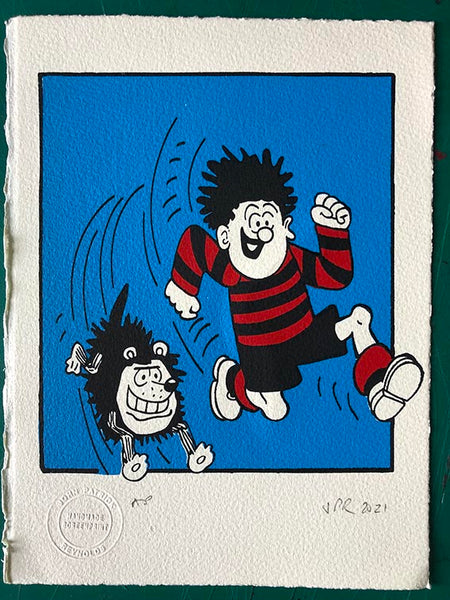 Dennis and Gnasher love the thrill of the chase (not sure if they're chasing or being chased)