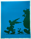 Asterix, Obelix and Dogmatix in silhouette (on light blue)